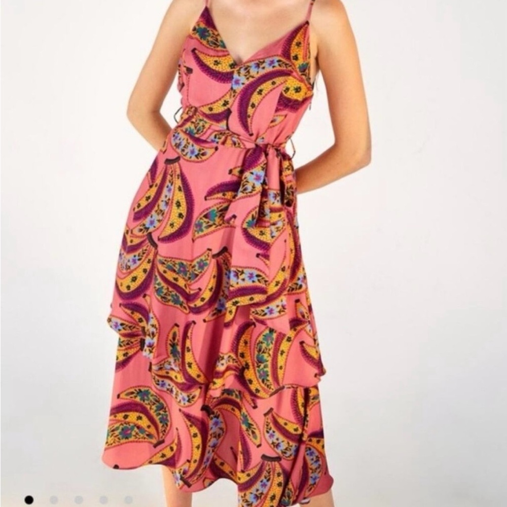 Farm Rio Pink Tiered Banana Print Dress